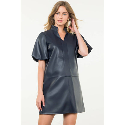 THML Navy Puff Sleeve Leather Dress