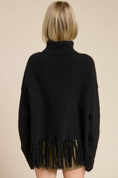 Fringe Hem Ribbed Turtleneck Sweater