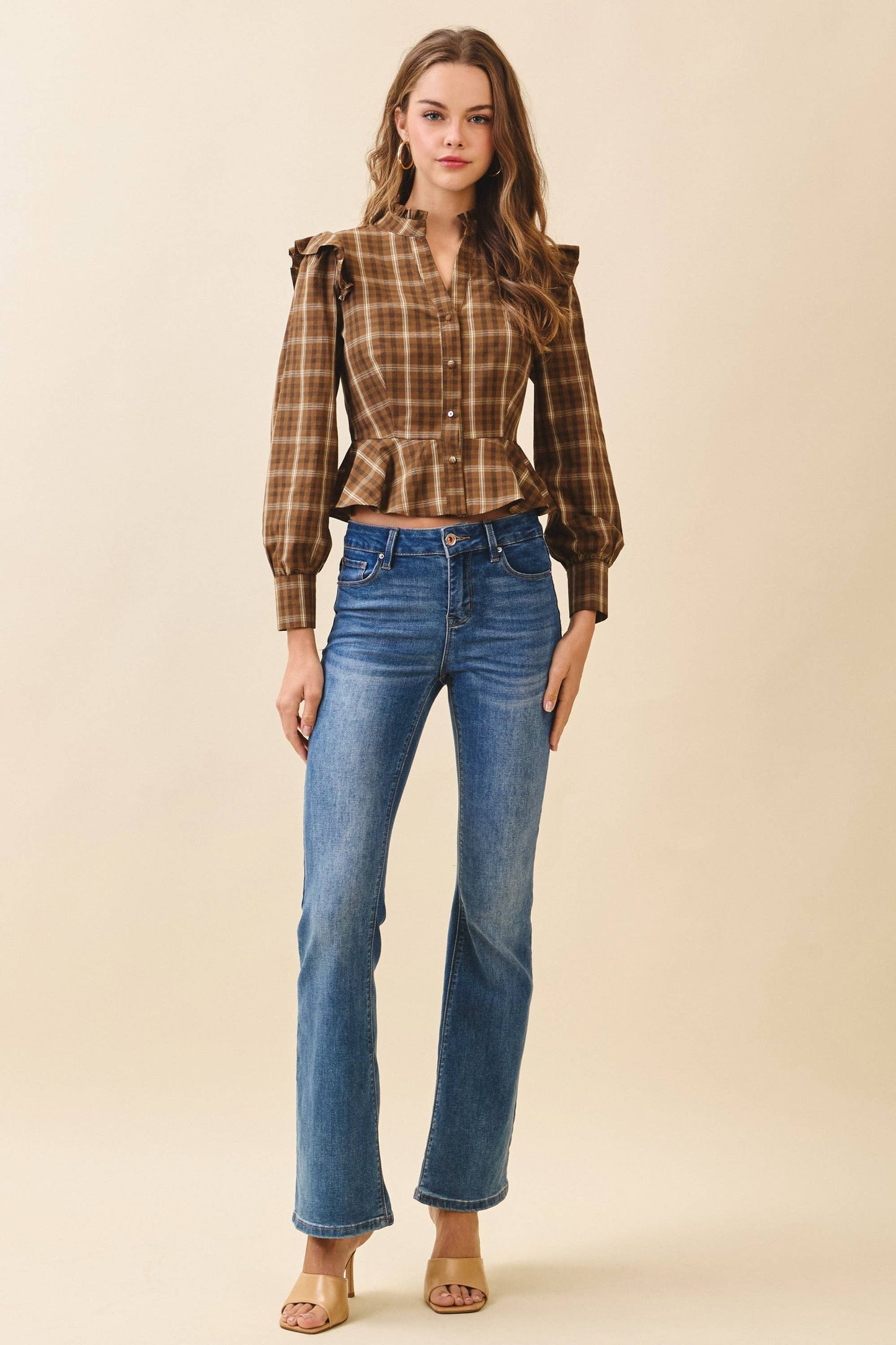 Plaid Button Front Ruffle Accents Peplum Hem Top