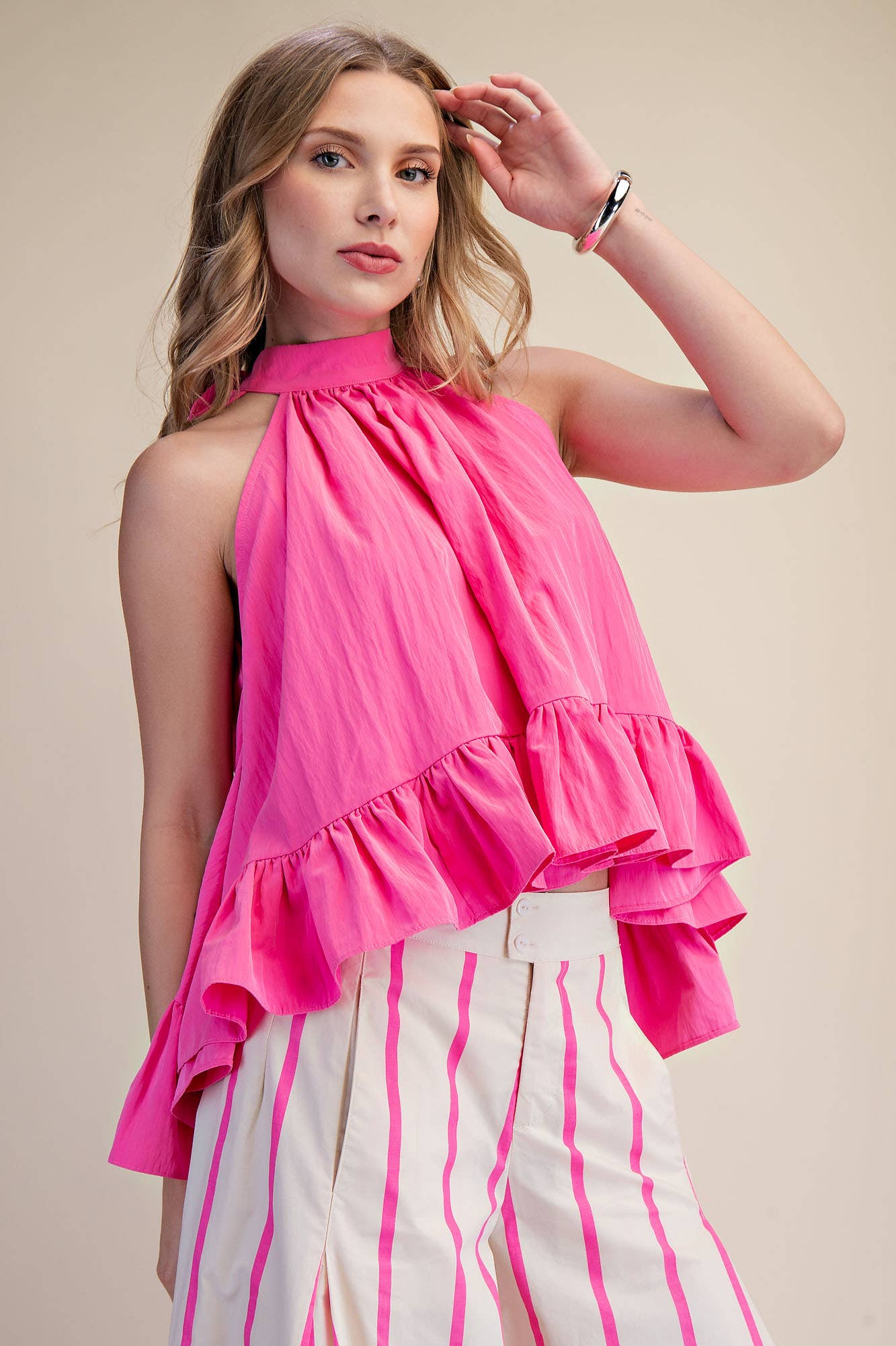 Halter Neck Back Neck Tie Ruffle Top