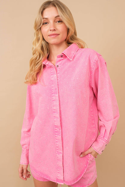 Washed Studded Twill Button Up Shirt Blouse