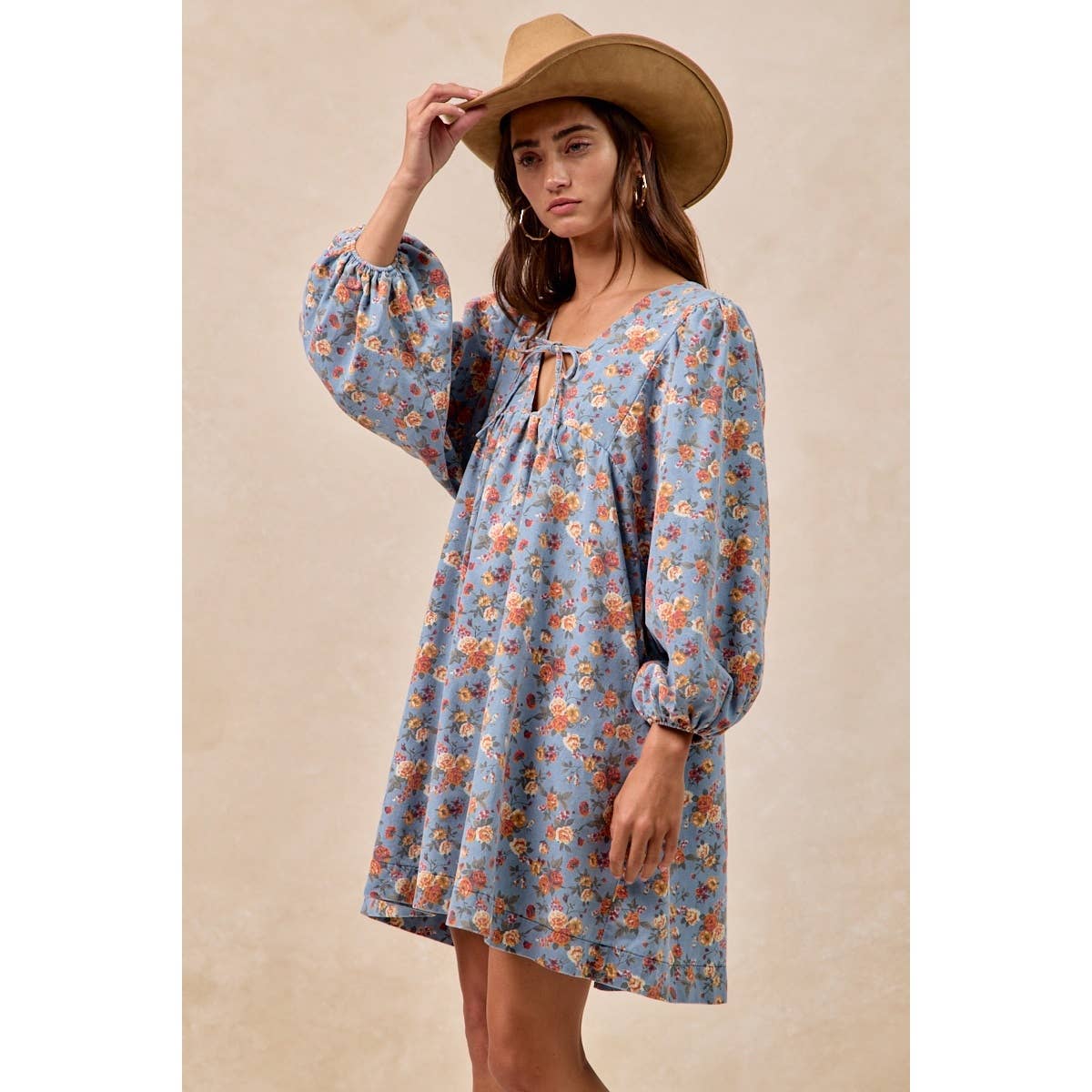 Washed Floral Denim Front Tied Dress