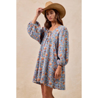 Washed Floral Denim Front Tied Dress