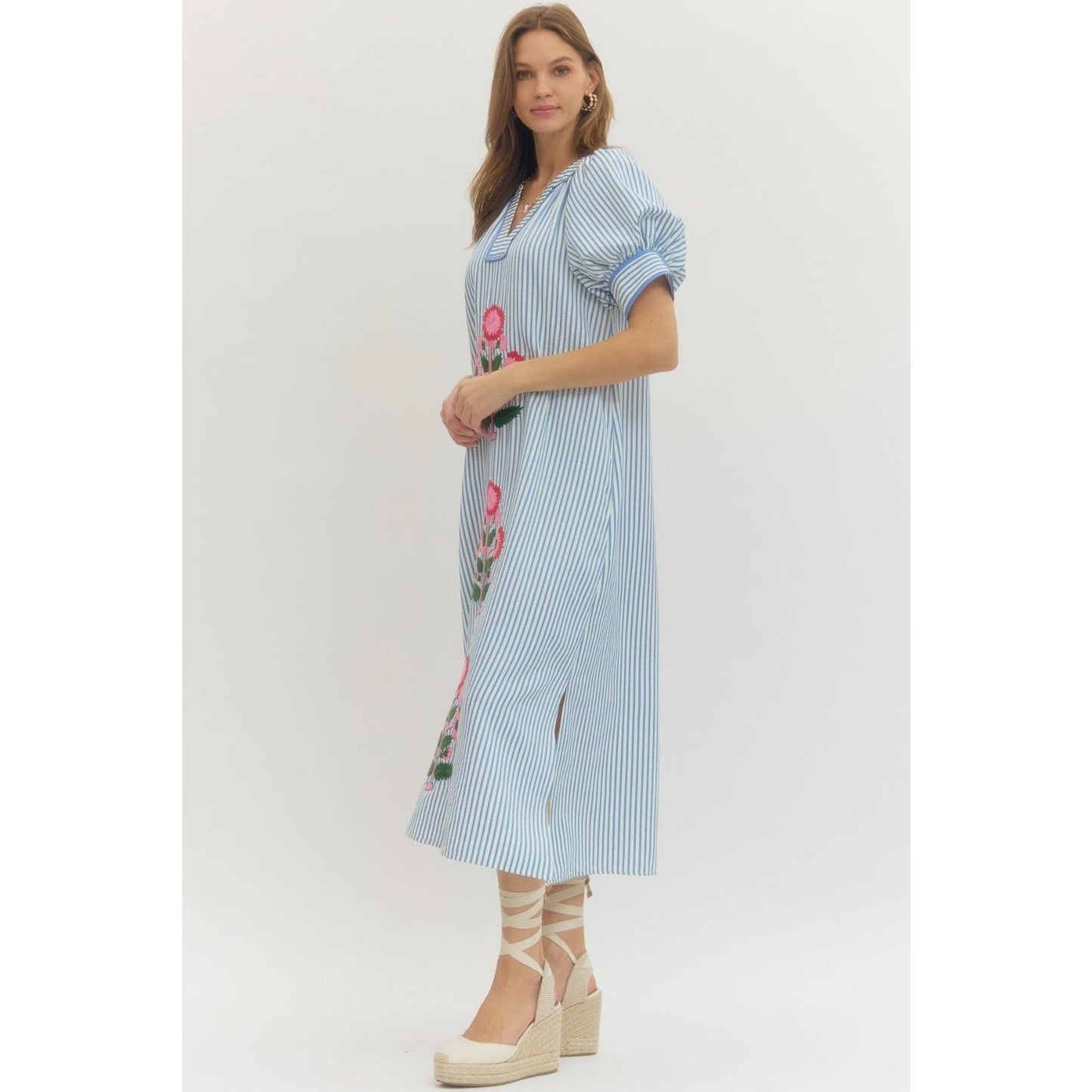 Floral Embroidery Stripe Midi Dress