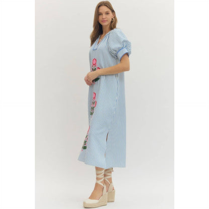 Floral Embroidery Stripe Midi Dress