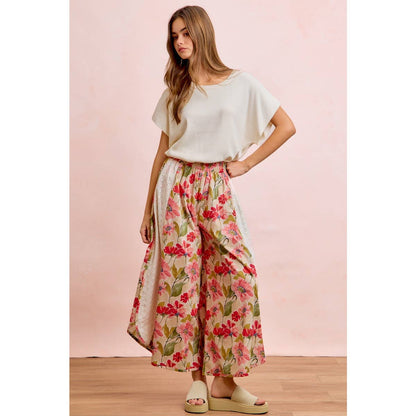 Floral Eyelet Side Elastic Waist Wide Leg Pants