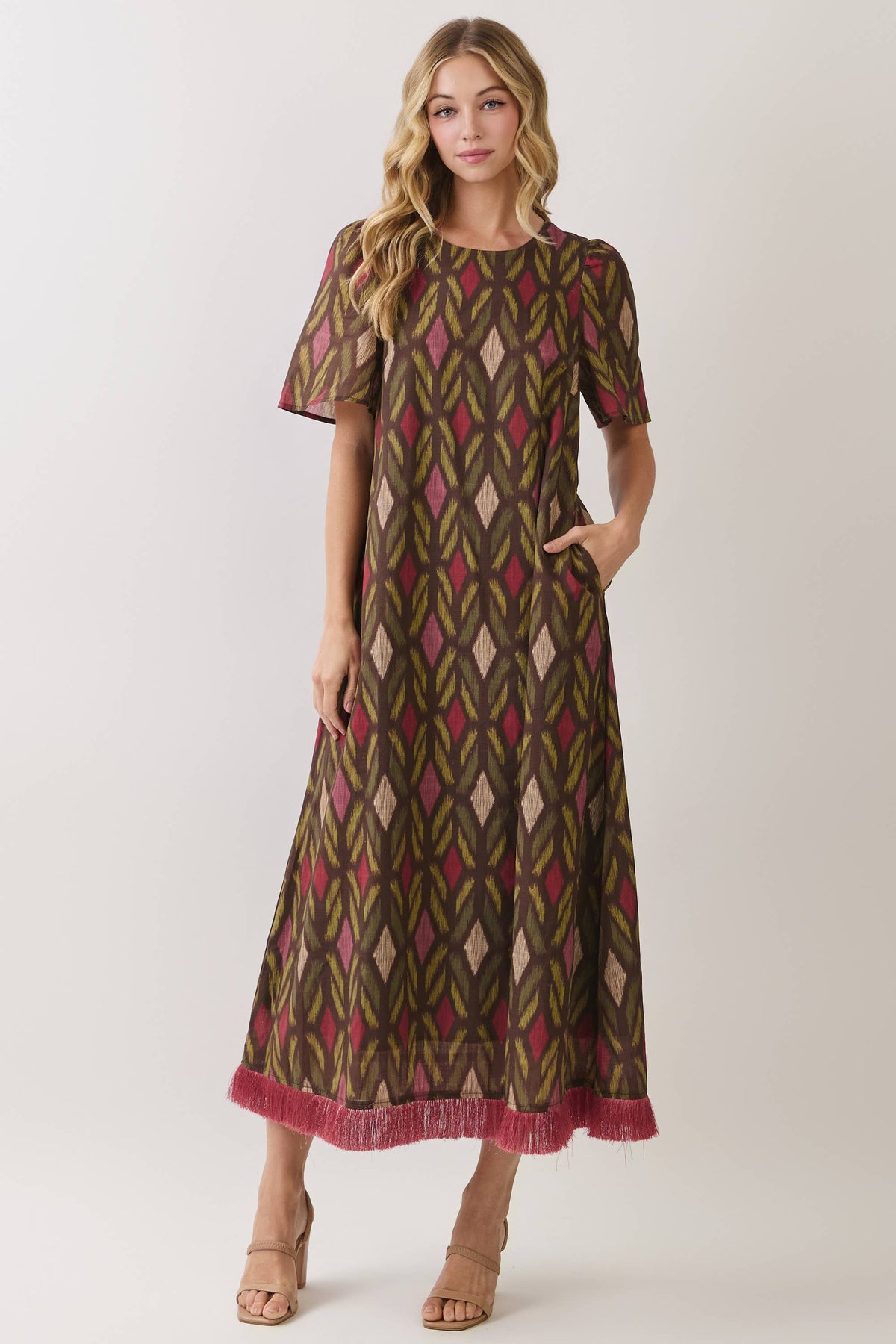 TCEC Geometric Fringe Hem Maxi Dress