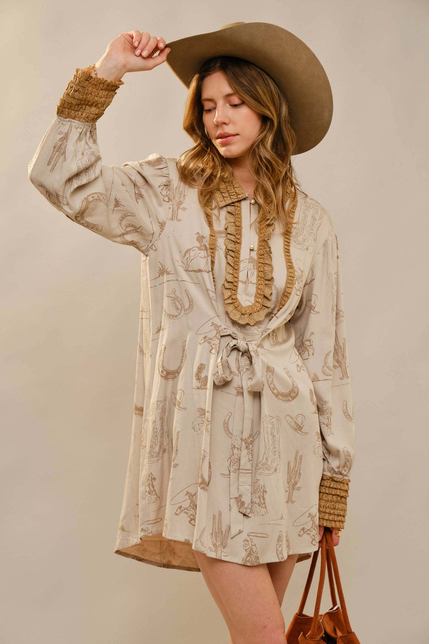 Western Graphic Ruffle Tie Waist Mini Dress