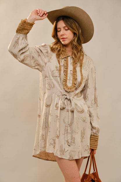 Western Graphic Ruffle Tie Waist Mini Dress