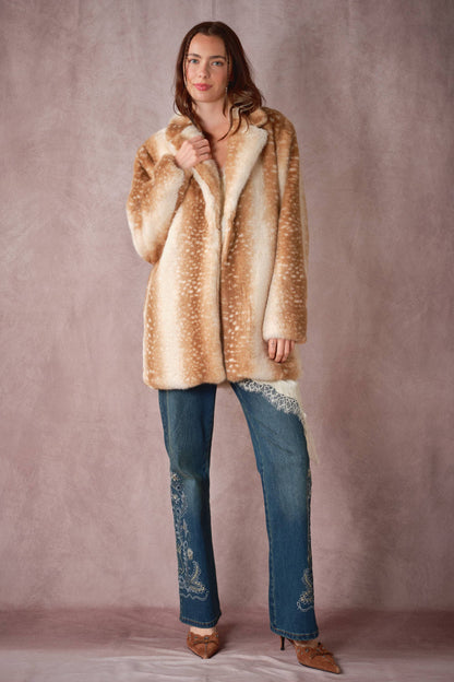 Blue B Deer Print Faux Fur Coat