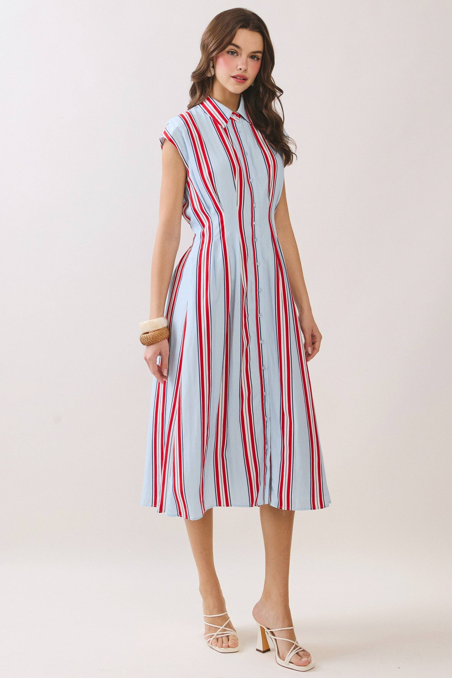 Fitted Bodice Striped Button Down Midi Dress