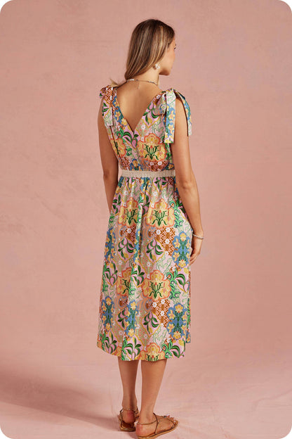 Garden Party Tie Shoulder Crochet Waist Midi Dress