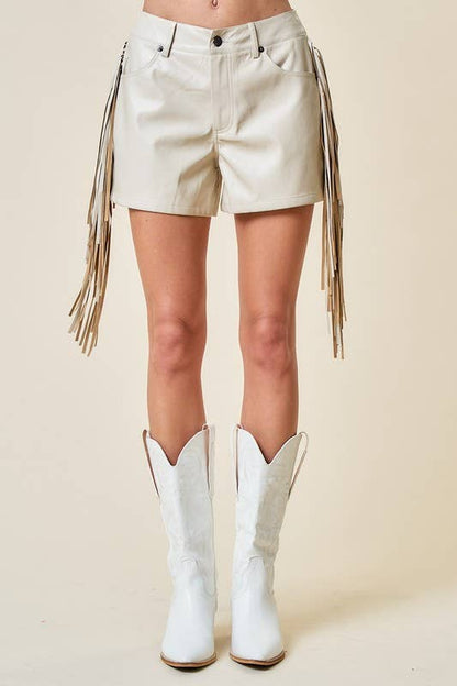 Birch Beige Long Side Fringe Shorts