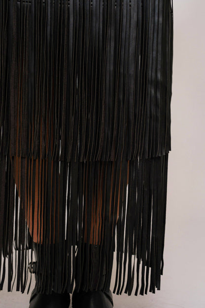 Faux Leather Tiered Fringe Maxi Skirt- Black