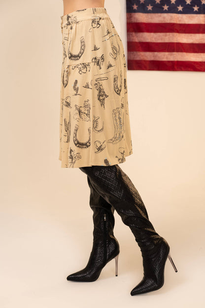 Blue B Western Print Linen Button Up Skirt