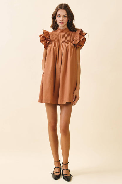 TCEC Back Button Down High Neck Babydoll Mini Dress