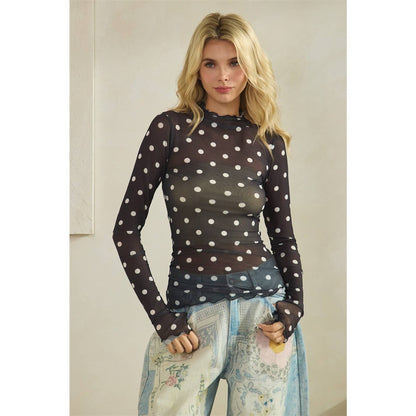 Lace Long Sleeve See Through Polka Dot Top