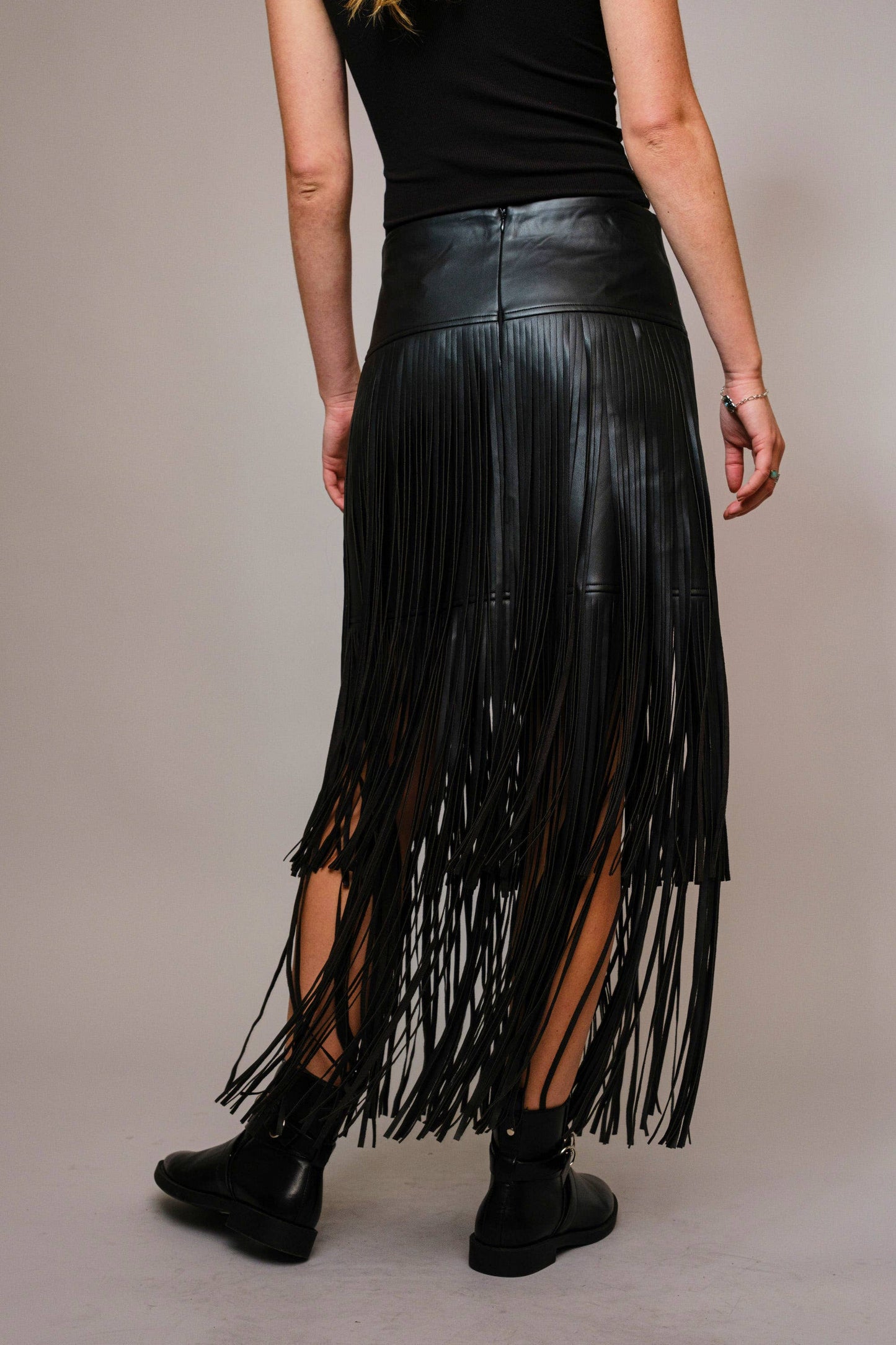 Faux Leather Tiered Fringe Maxi Skirt- Black