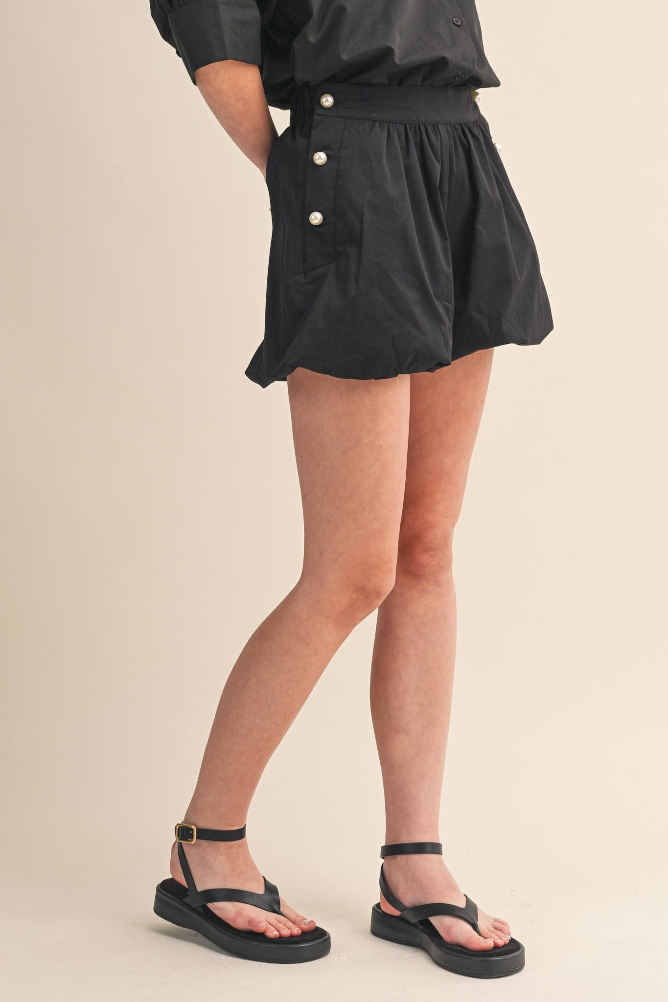 Bubble Hem Shorts With Pearl Buttons