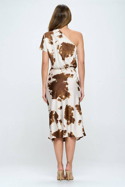 Western Cow Print Satin One Shoulder Dress
