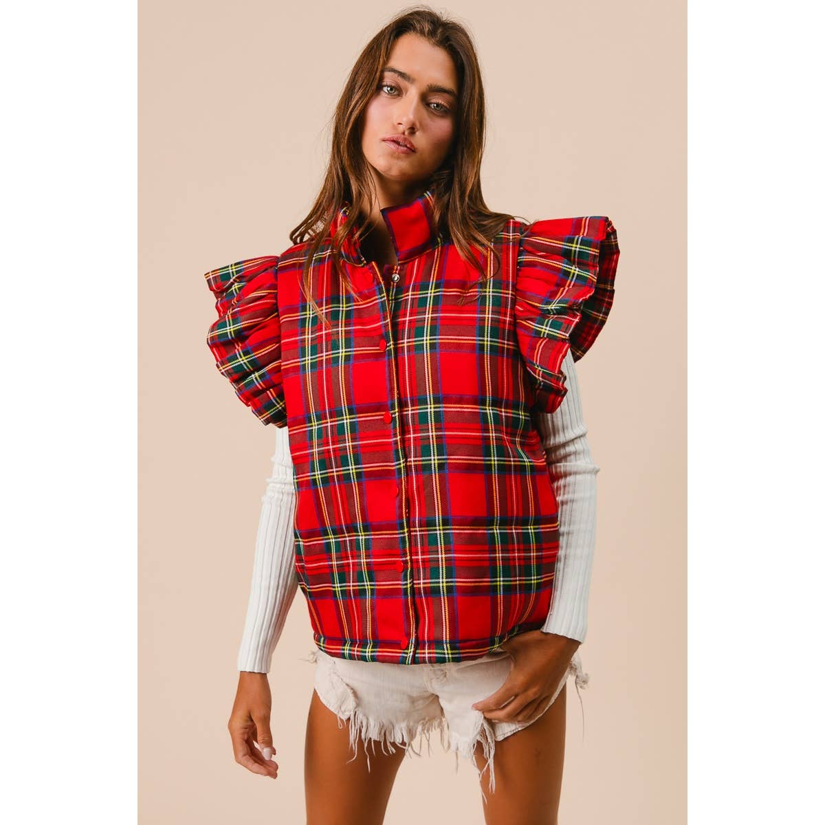 CHRISTMAS PLAID RUFFLE VEST