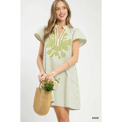Striped Floral Applique Shift Dress