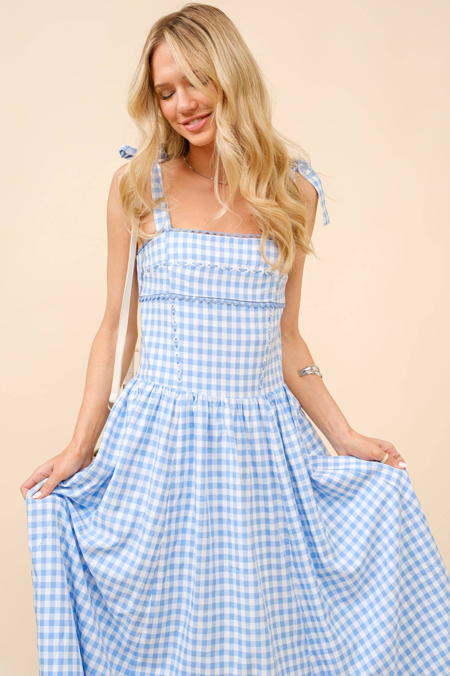 Gingham Tie Shoulder Midi Dress