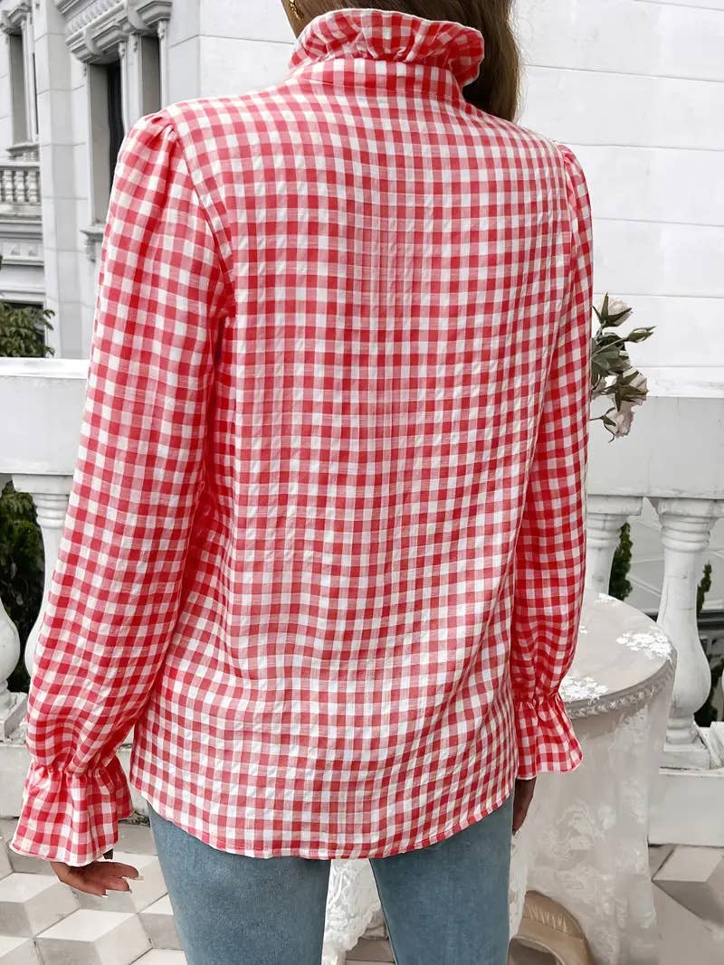 Ruffled Shirt Long-sleeve Plaid Blouse