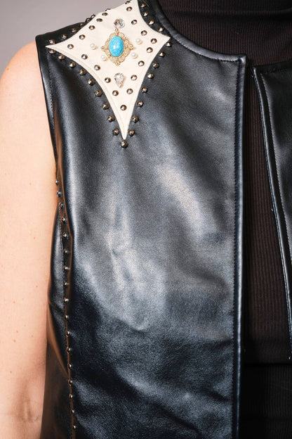Faux Leather Fringe Studded Western Vest