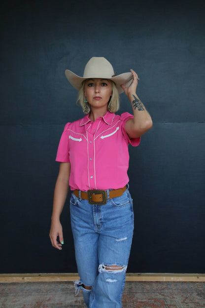 Hot Pink Short Sleeve Pearl Snap Western Blouse
