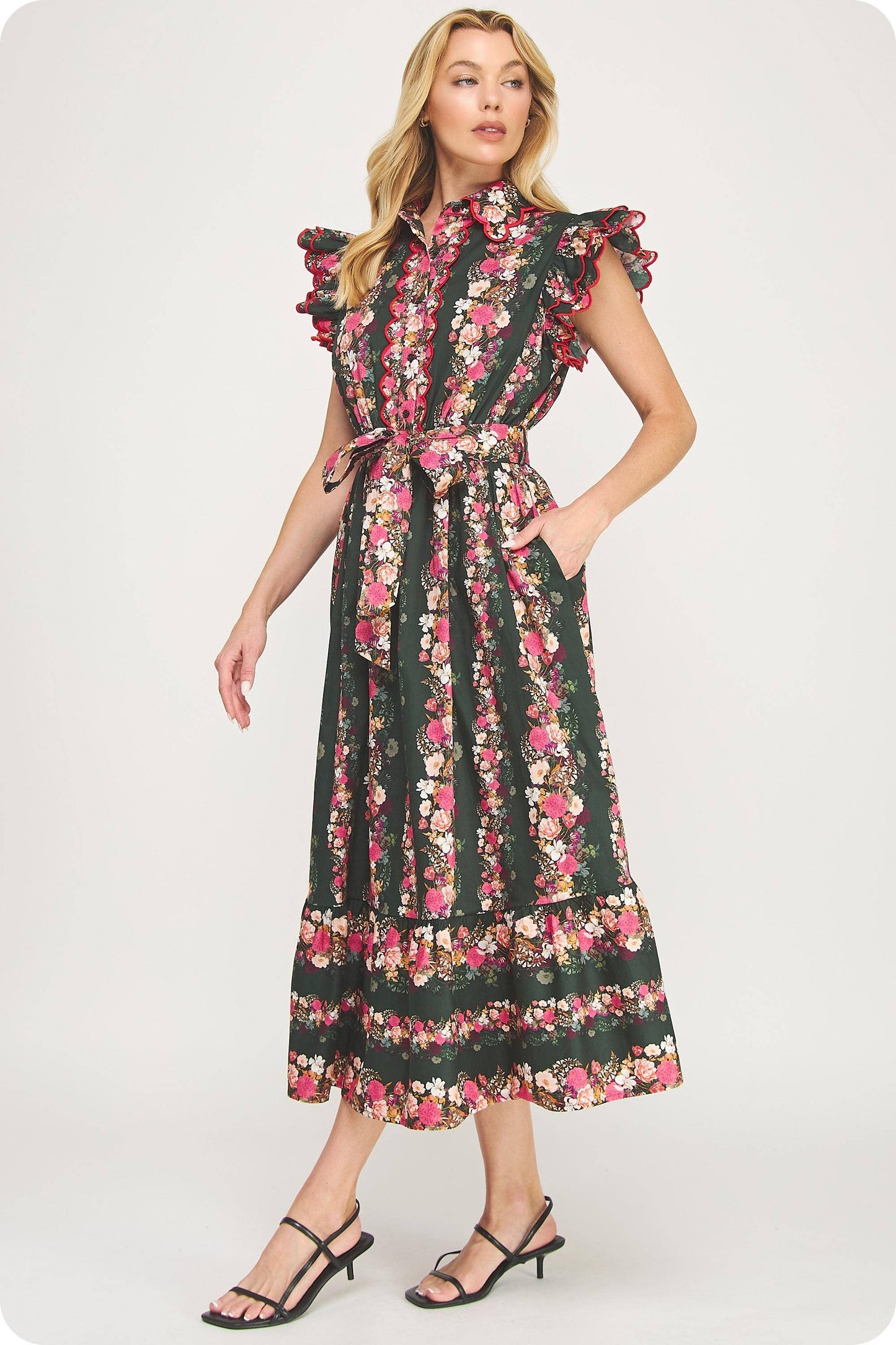 Ruffle Scallop Embroidery Floral Midi Dress