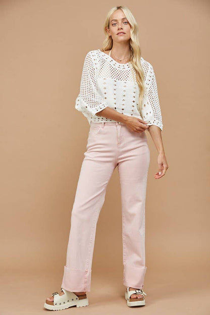 Straight Pink Leg Cuffed Jeans