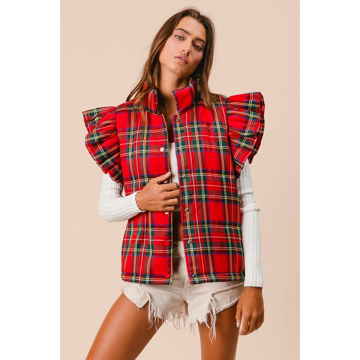 CHRISTMAS PLAID RUFFLE VEST