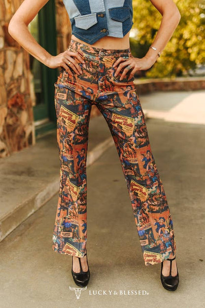 Collage Printed Stretch Front Crease Detail Pants