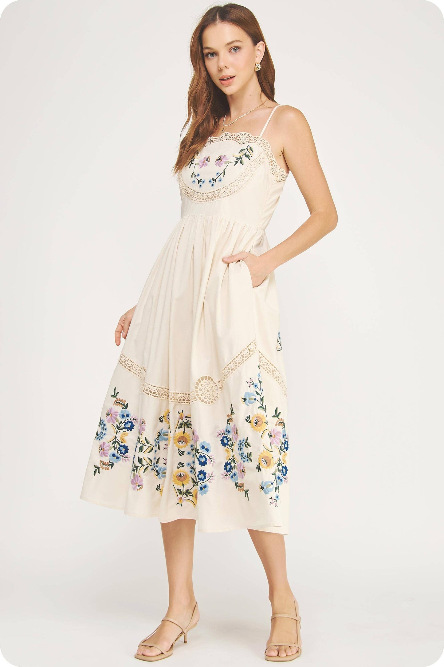 Embroidered Floral Lace Detail Midi Dress
