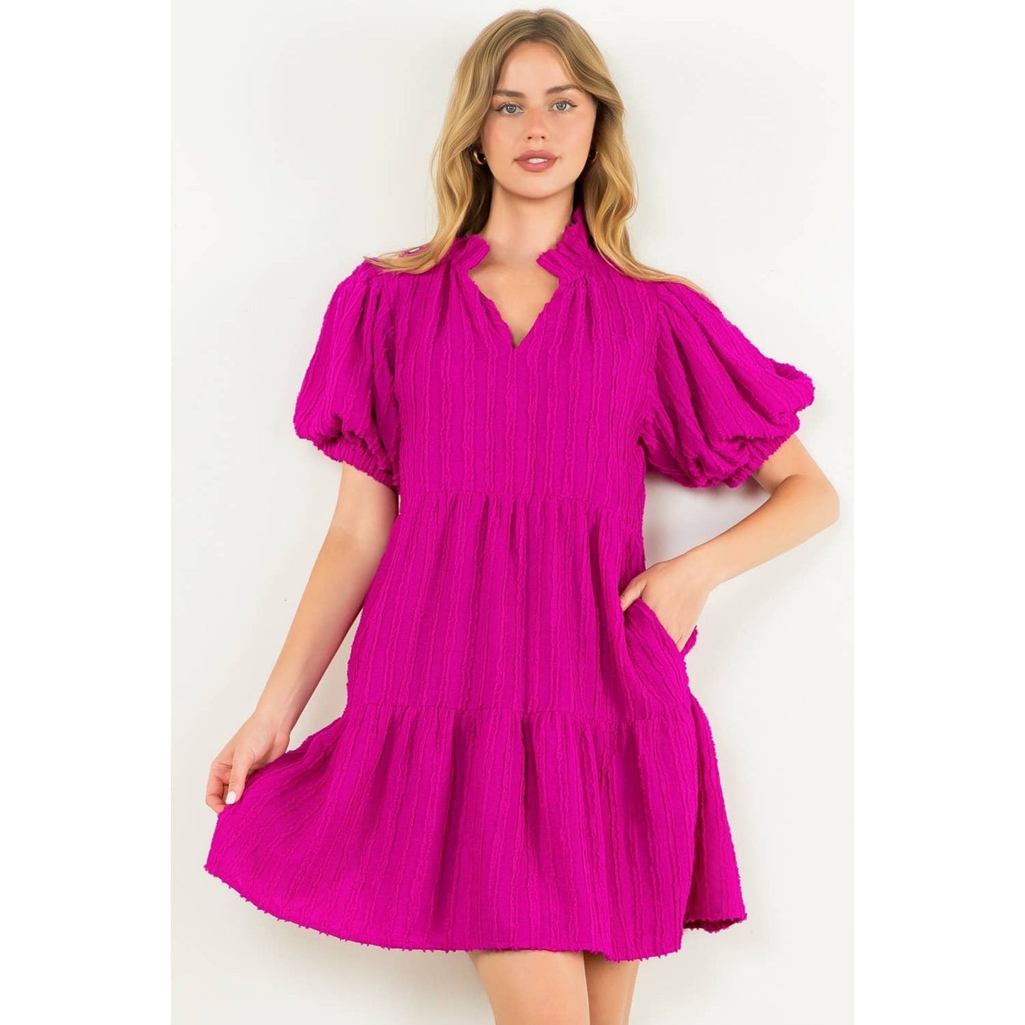 Tiered Puff Sleeve Textured Dress