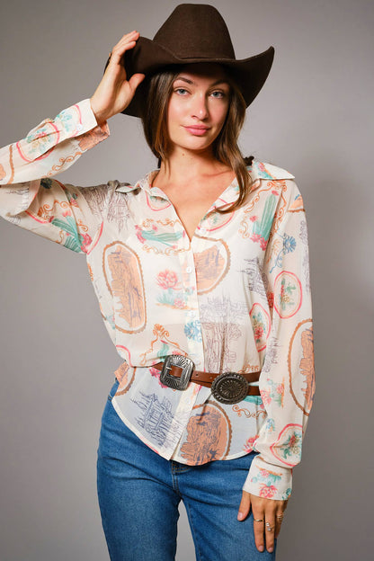 Western Print Chiffon Shirt