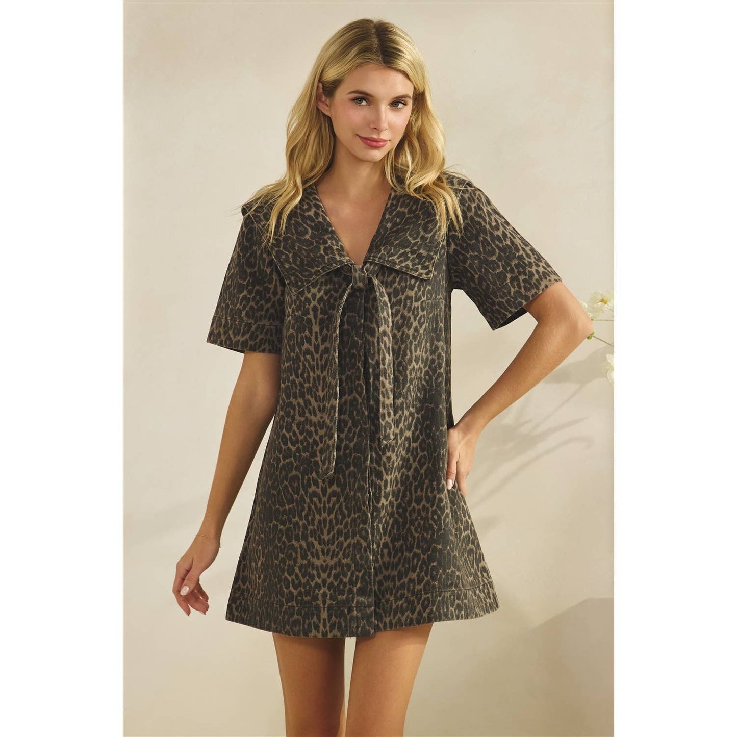 Collared Leopard Printed Denim Mini Dress
