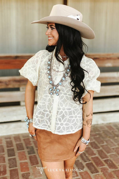Ivory Puff Sleeve Button Down Floral Collared Top