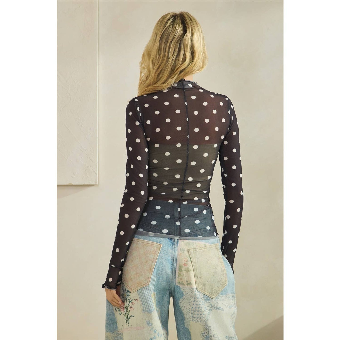 Lace Long Sleeve See Through Polka Dot Top