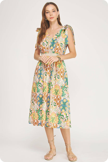 Garden Party Tie Shoulder Crochet Waist Midi Dress