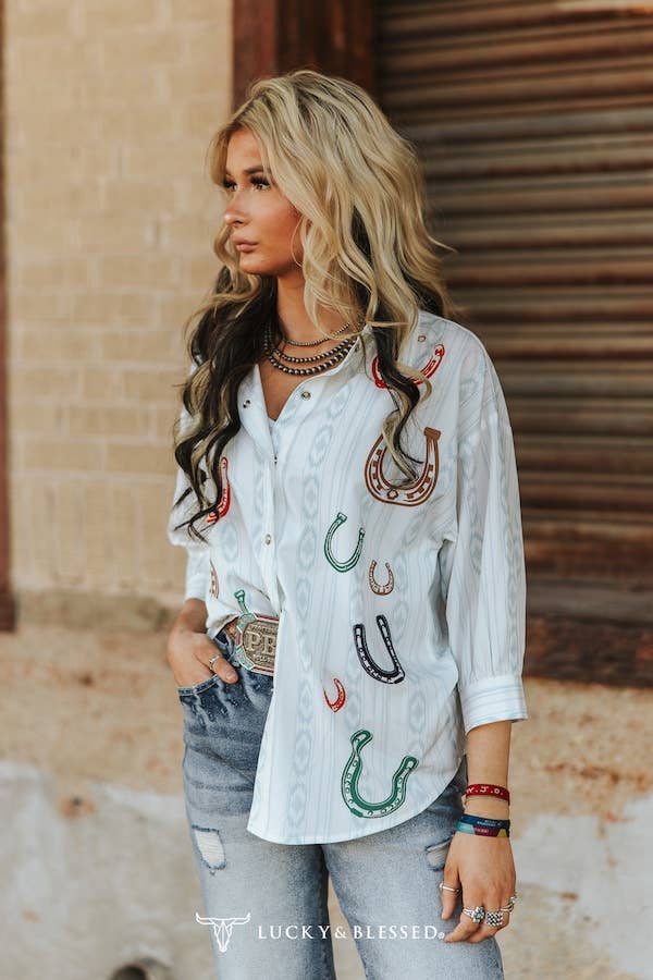 Ivory Horse Shoe Aztec Printed Button Down Top