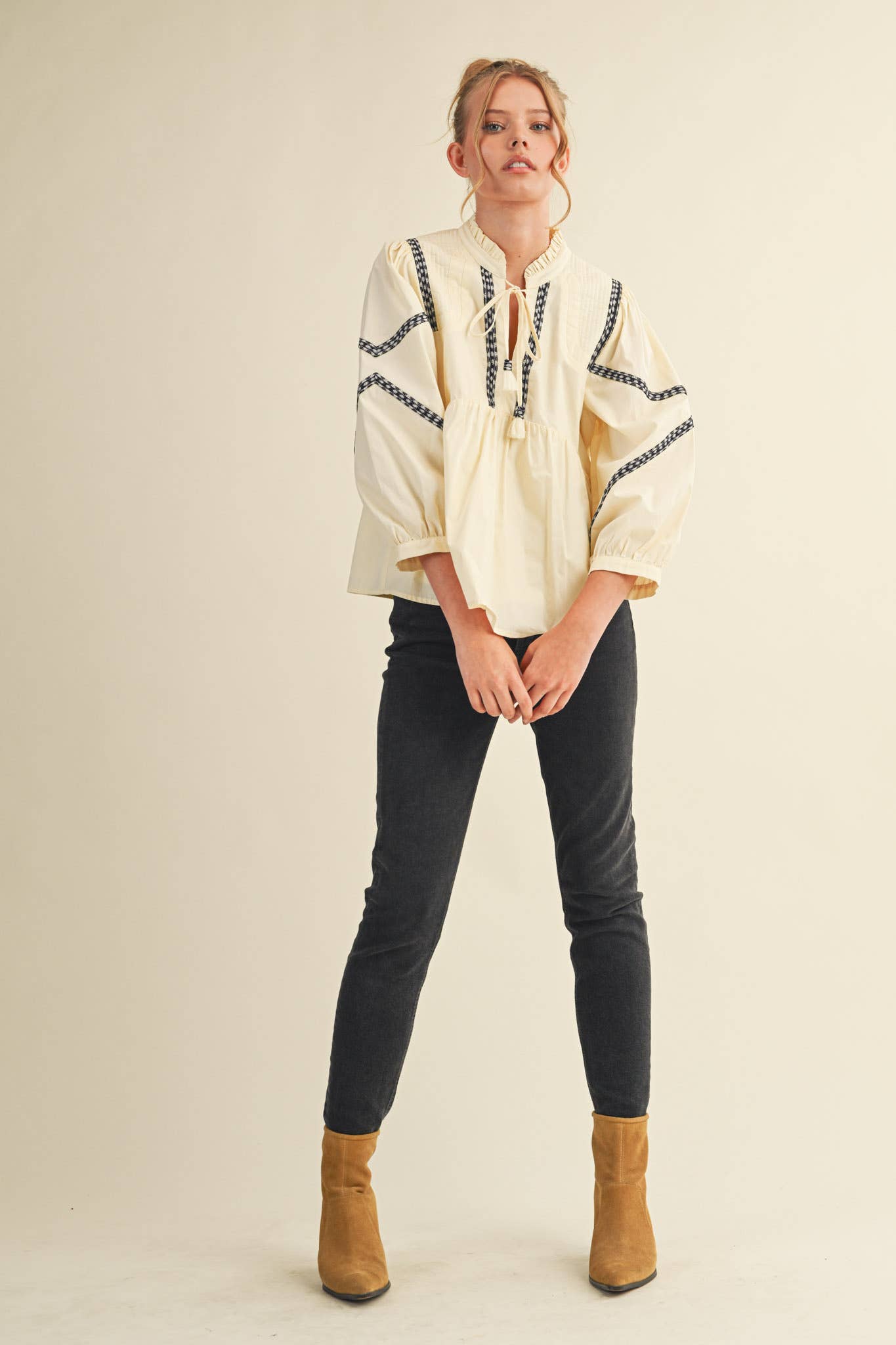 Embroidery Trim Babydoll Blouse