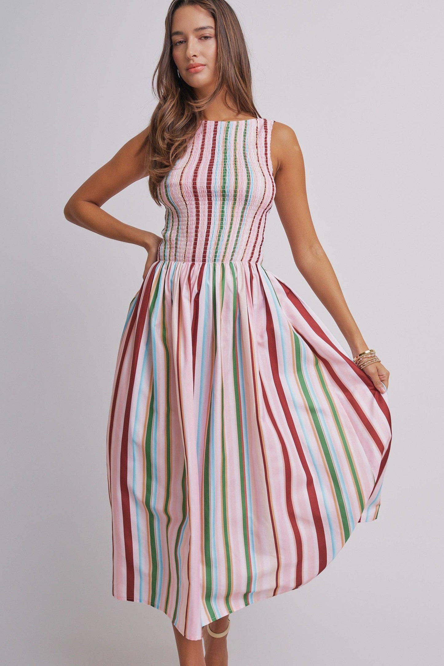 Candy Stripe Smocked Midi Dress
