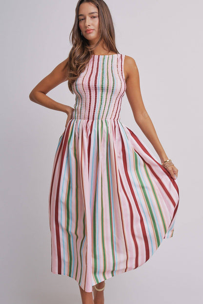 Candy Stripe Smocked Midi Dress