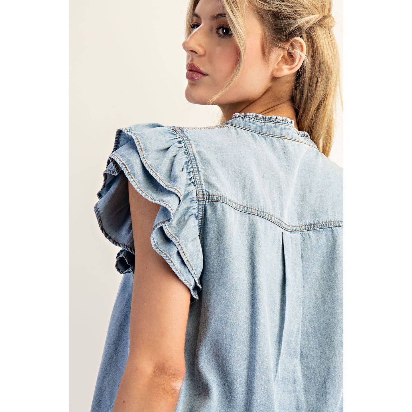 Washed Ruffle Trim Chambray Blouse