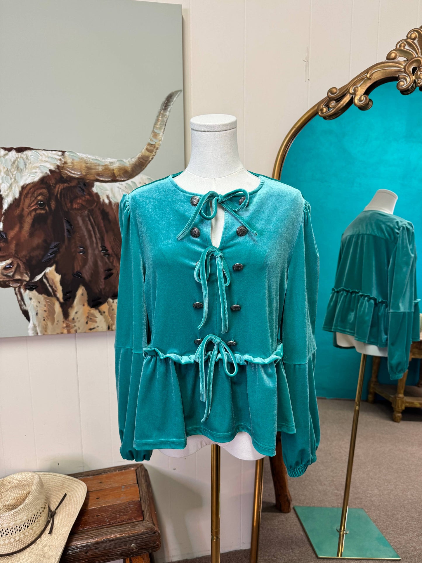 Turquoise Velvet Long Sleeve Peplum Top