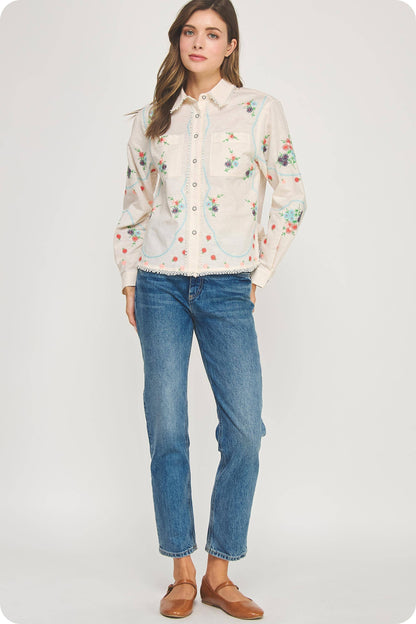 Flower Embroidery Long Sleeve Linen Shirt