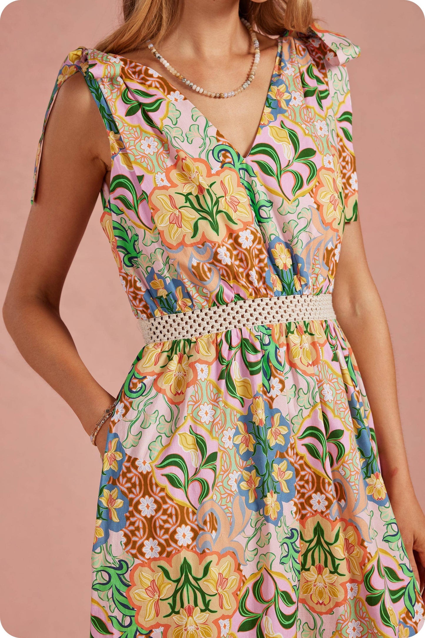 Garden Party Tie Shoulder Crochet Waist Midi Dress