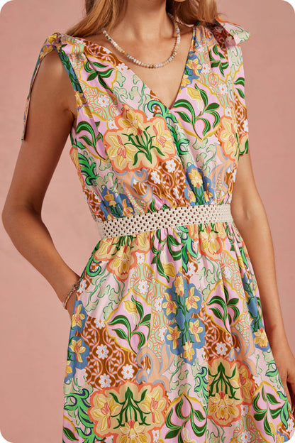 Garden Party Tie Shoulder Crochet Waist Midi Dress